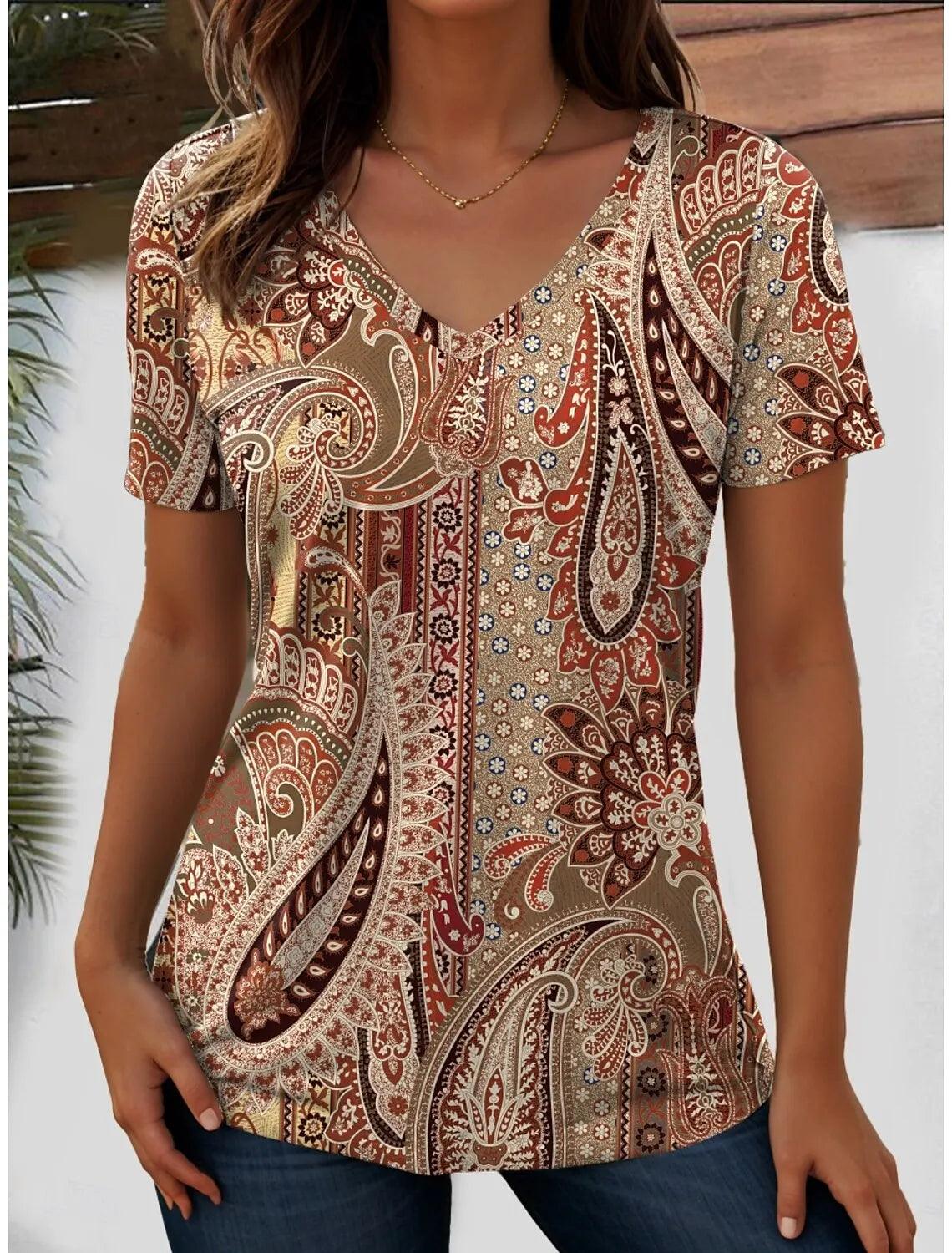 Women's Western Floral V-Neck Graphic Tee | Vintage Boho Short Sleeve T-Shirt VTF66A202623125 Bazaare Mart Printed Tops