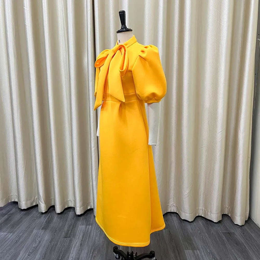 Elegant Solid Color Bow Short Puff Sleeve Full Skirt Midi Dress