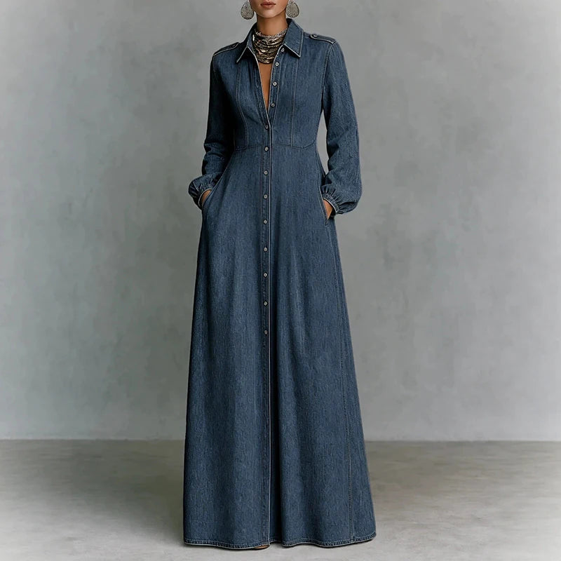Vintage Dark Denim Maxi Shirt Dress – Long Sleeve Button-Front A-Line Dress