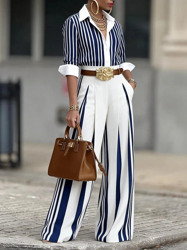 Striped Two-Piece Set – Button-Up Shirt & Wide-Leg Pants