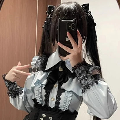 Jirai kei Shirt JK Skirt Japanese Style Lolita Y2K Sweet School Uniform Blouse Top Dress Darkness Outfit Women Girls Theme Party Gray Blue Shirt Only Bazaare Mart