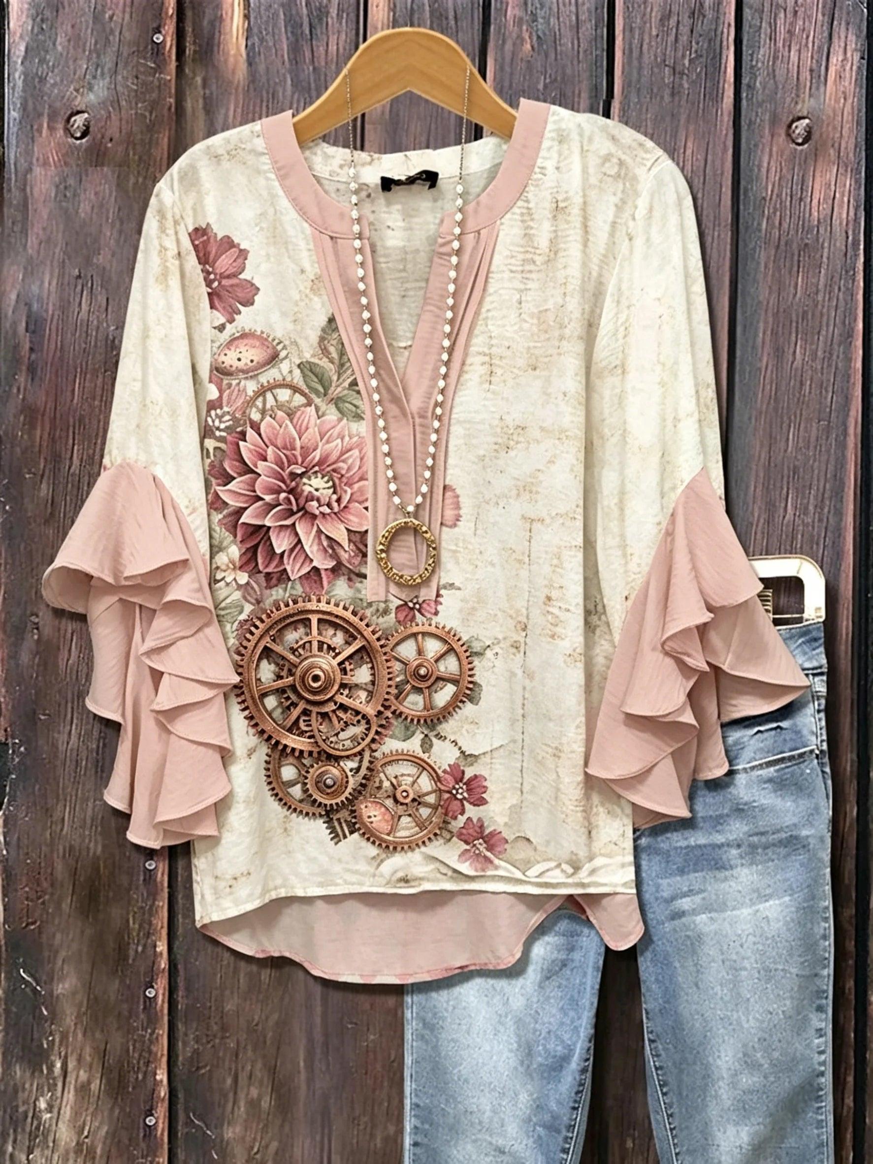 Women's Steampunk Floral Print V-Neck Ruffle Sleeve Blouse | Vintage Botanical Casual Top HCHLD20263019E Bazaare Mart Floral Blouse