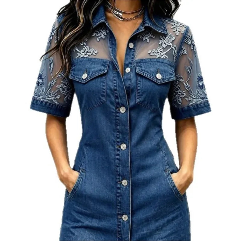 Patchwork Lace Denim Mini Dress