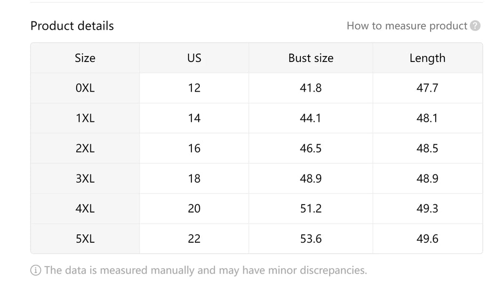 Table displaying product size chart with US sizes, bust measurements, and lengths.