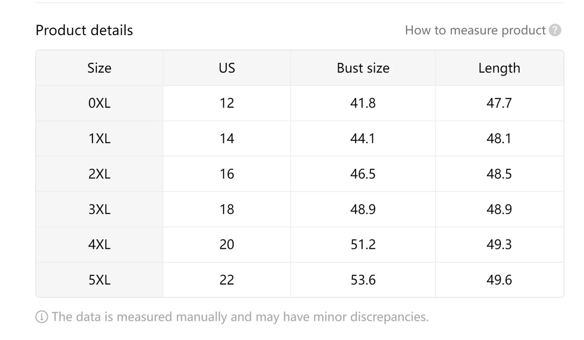Table displaying product size chart with US sizes, bust measurements, and lengths.