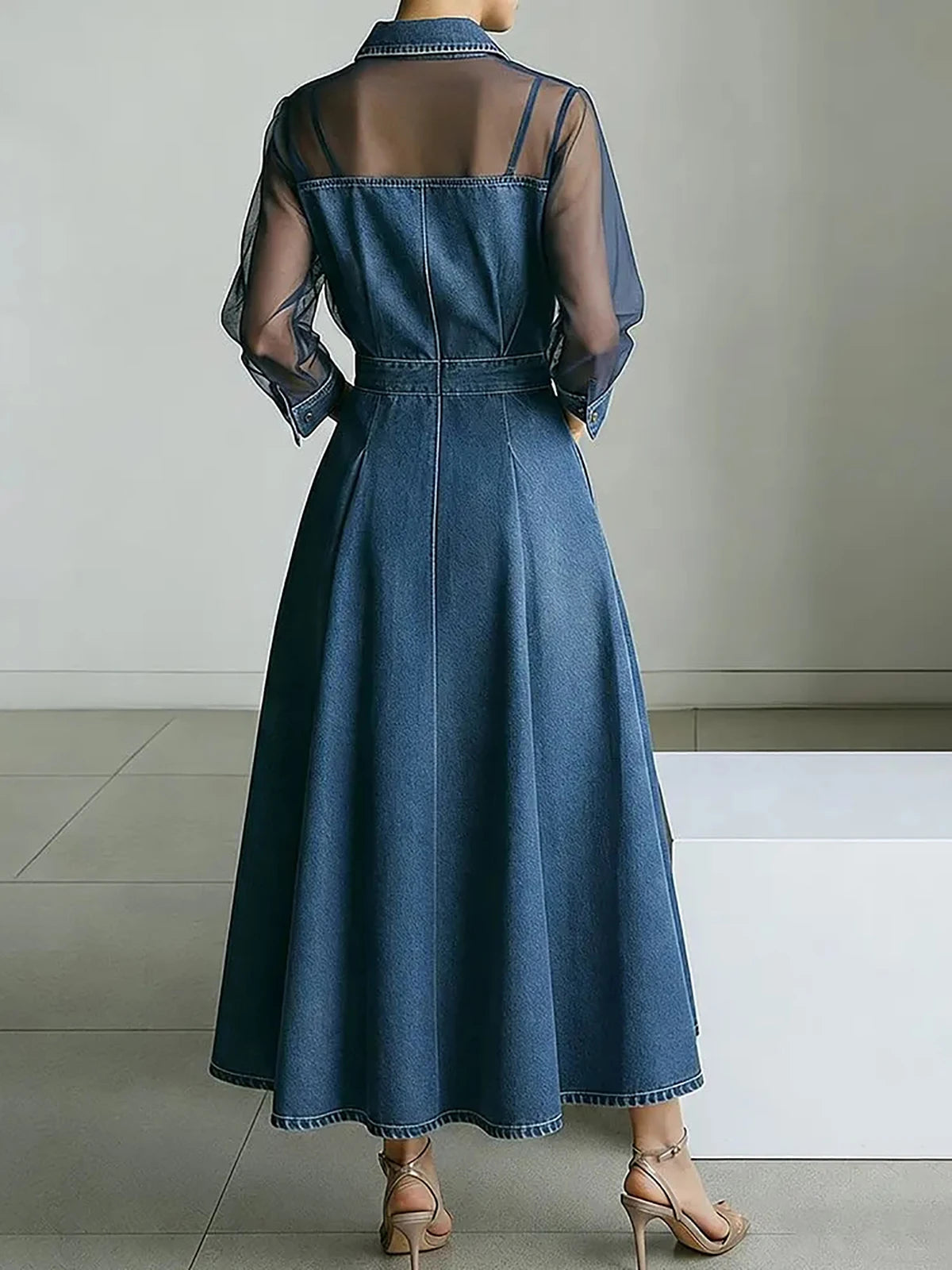Denim Midi Dress with Sheer Mesh Sleeves