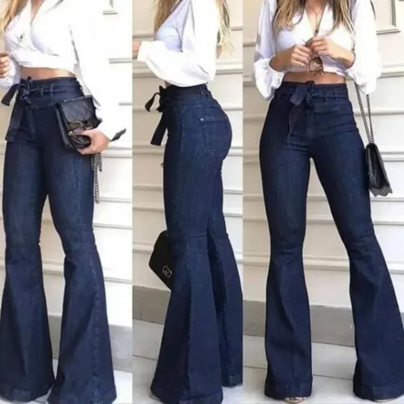 Women's High-Waist Flare Jeans – Slight Stretch Denim Pants with Button Detail and Pockets Bazaare Mart Denim Jeans
