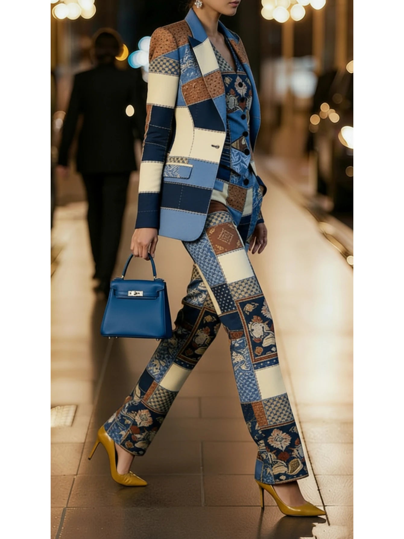 Patchwork Printed Blazer Vest & Wide-Leg Pants 3-Piece Suit