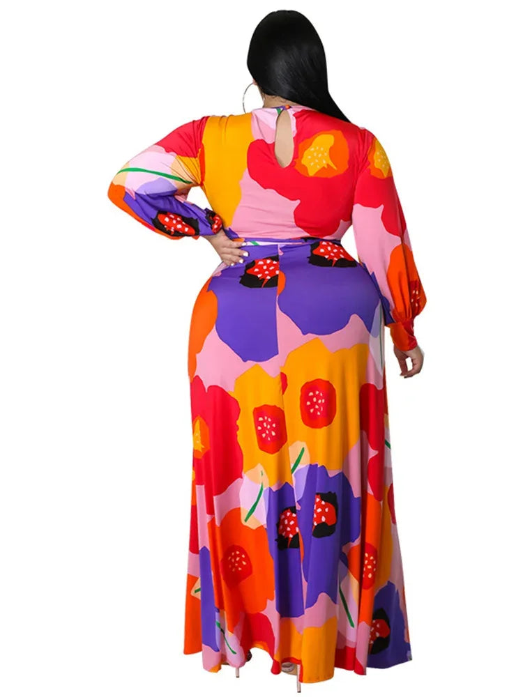 Colorful Long Sleeve Large Print Flower Maxi Dress Bazaare Mart Colorful Long Sleeve Large Print Flower Maxi Dress