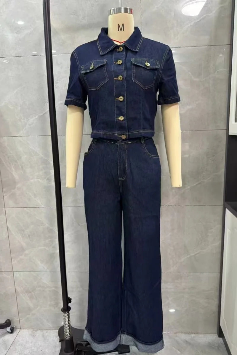 Two-Piece Denim Set – Cropped Button-Up Top & Wide-Leg Jeans