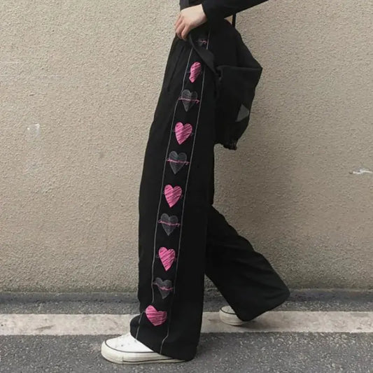 Black Track Pants with Pink Hearts Down the Leg