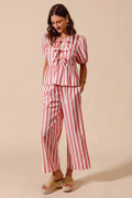 Pink Striped Pants Set PINK Trendsi Front Tie Stripe Top With Puff Sleeves and Pants