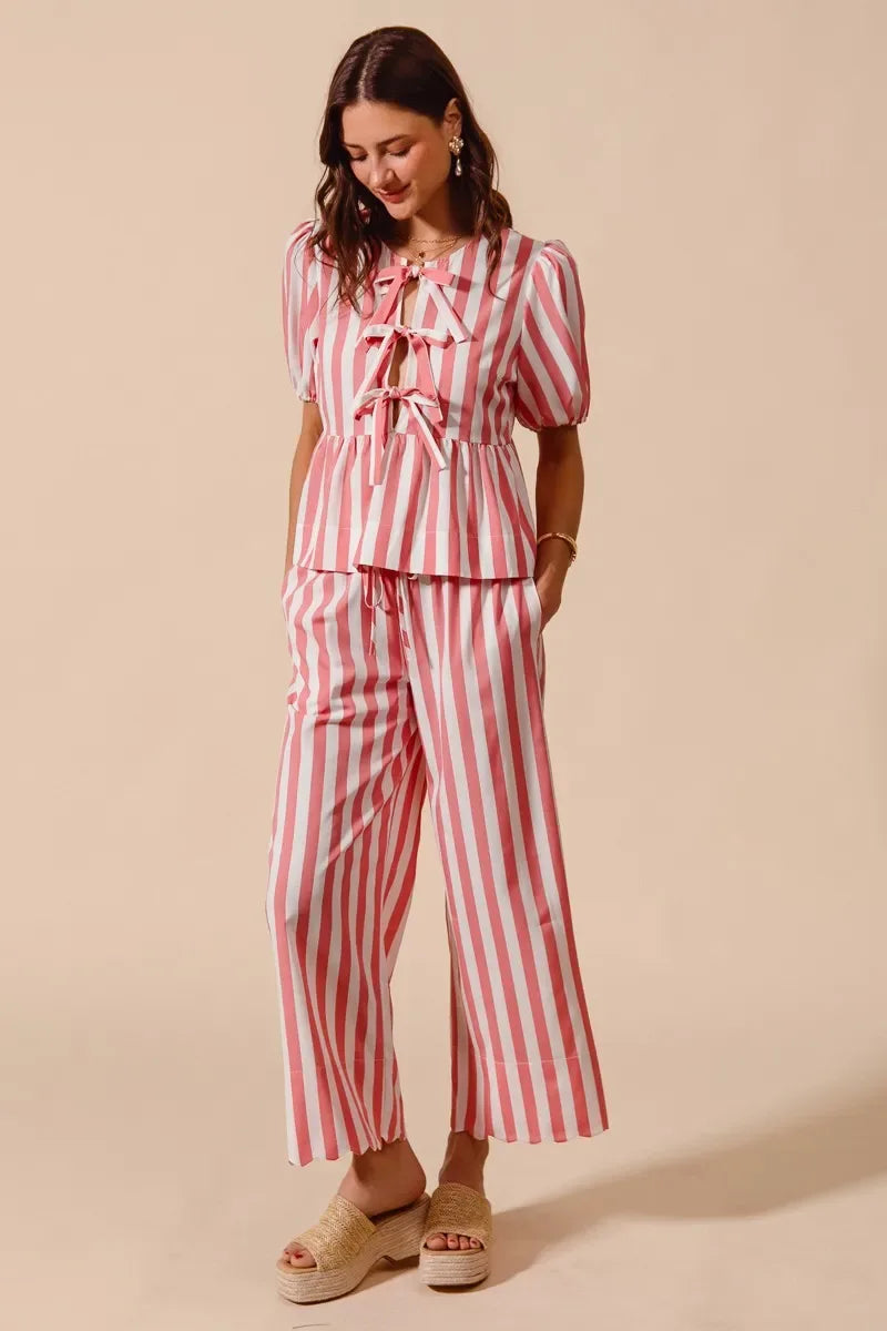 Pink Striped Pants Set PINK Trendsi Front Tie Stripe Top With Puff Sleeves and Pants