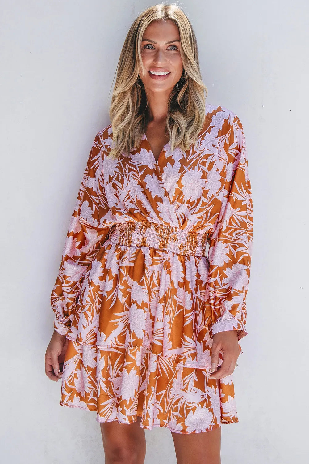 Terracotta Printed Long Sleeve Mini Dress