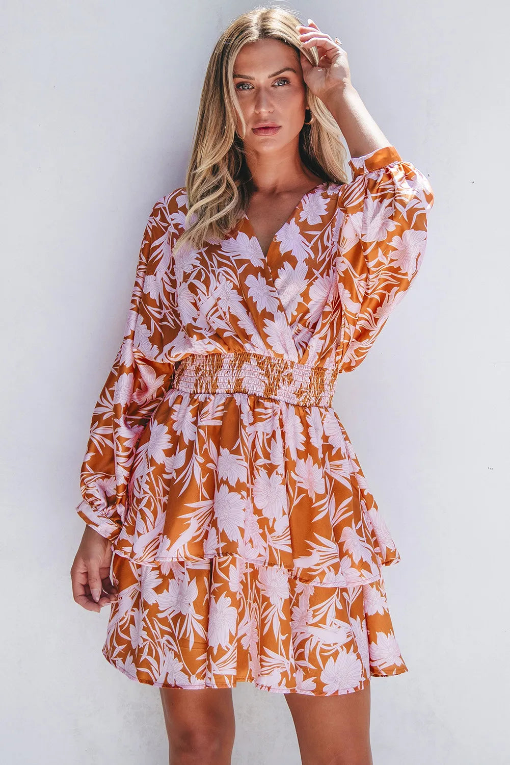 Terracotta Printed Long Sleeve Mini Dress