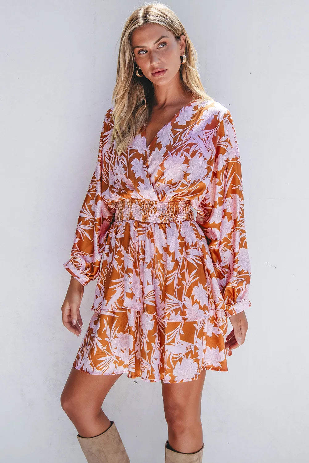 Terracotta Printed Long Sleeve Mini Dress