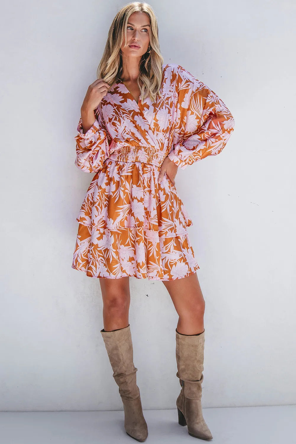 Terracotta Printed Long Sleeve Mini Dress