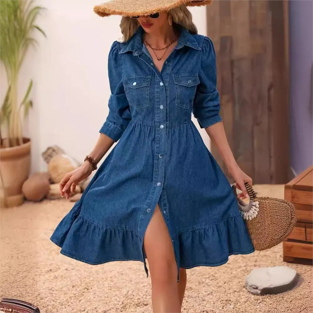 Denim Long Sleeve Button Up Shirt Dress