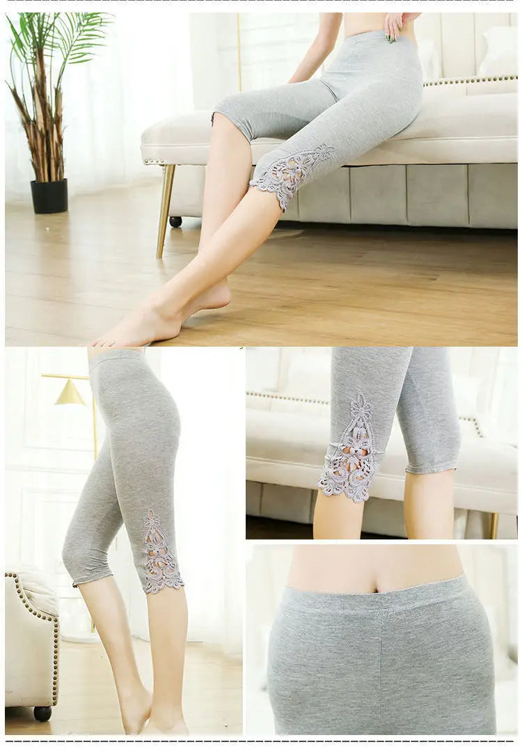 Women's Lace Trim Capri Leggings – High Waist Stretch 3/4 Length Cropped Leggings Bazaare Mart Capris Leggings