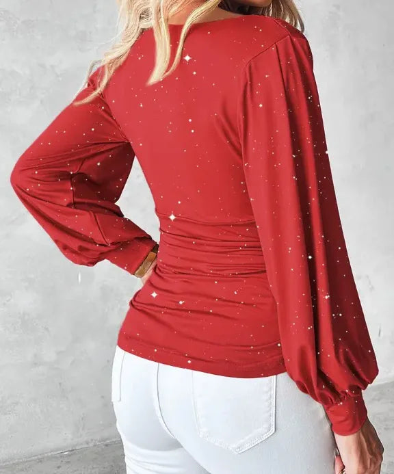 Women's Sparkling Sequin Blouse with Cowl Neck and Ruched Waist