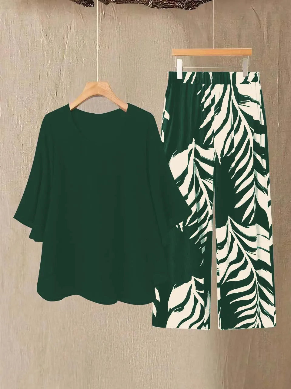 Women's Chiffon Overlay Top & Tropical Leaf Print Wide Leg Pants 2 Piece Set | Elegant Summer Resort Outfit Bazaare Mart 2 pc. Pants Outfit
