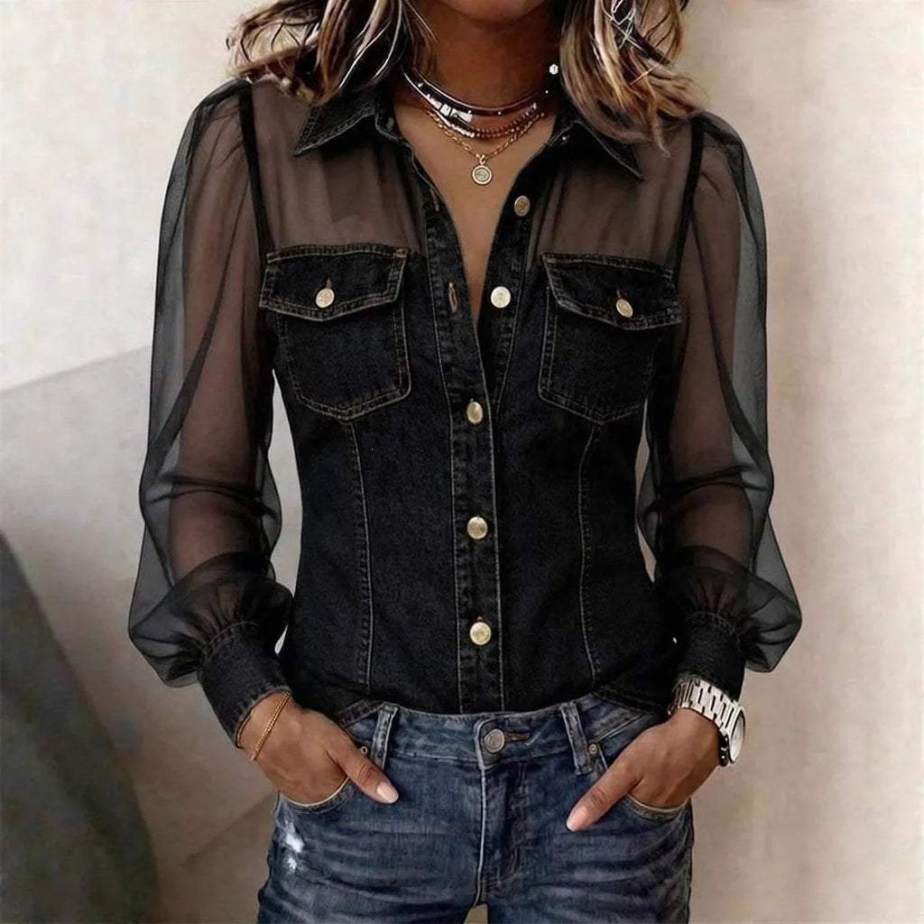 Women's Sheer Sleeve Denim Button-Up Shirt – V-Neck Casual Top