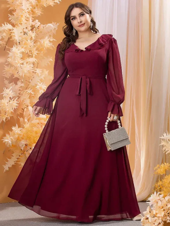 Ruffled V-neck Long Balloon Sleeve Chiffon Evening Dress Bazaare Mart Long Sleeve Maxi Dress
