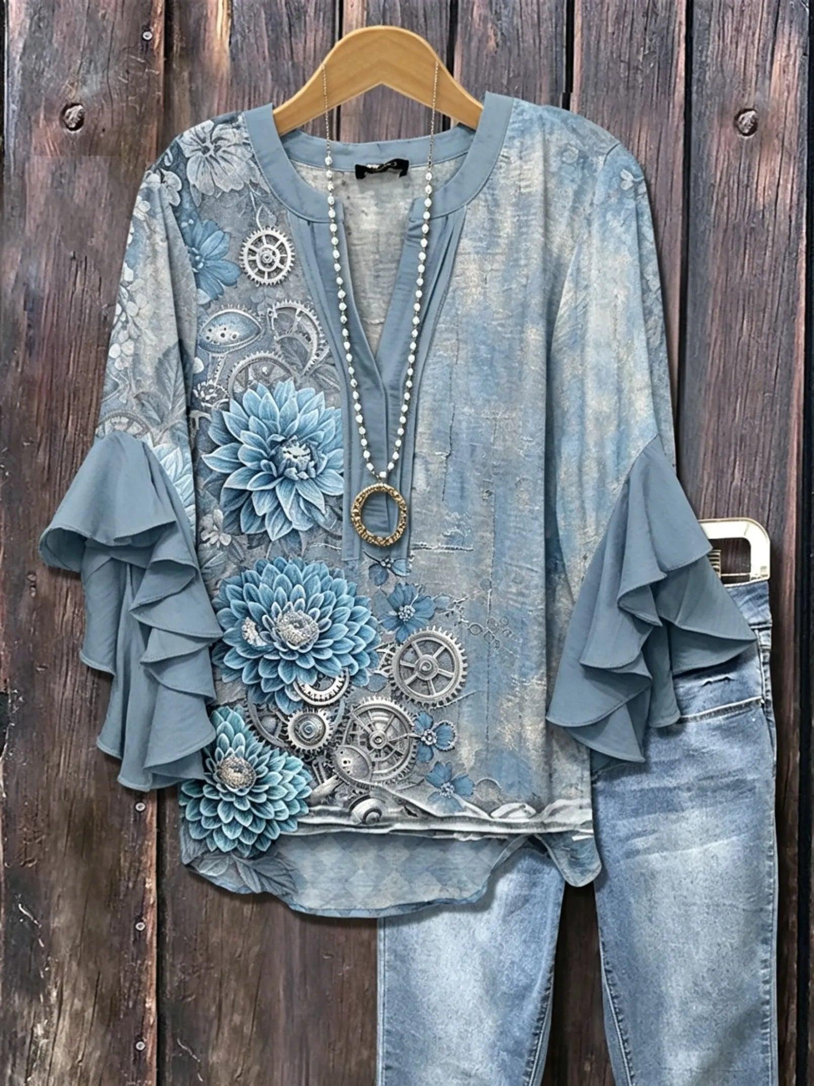 Women's Steampunk Floral Print V-Neck Ruffle Sleeve Blouse | Vintage Botanical Casual Top HCHLD20263019D Bazaare Mart Floral Blouse