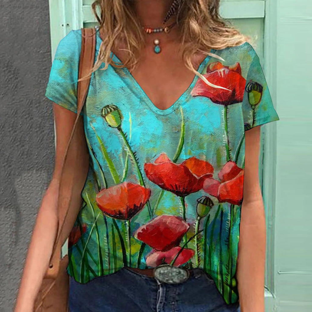 Floral Print V-Neck T-Shirts Bazaare Mart Floral V-Neck Tee