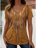 Women's Western Fringe Illusion V-Neck Tee V-Neck Graphic Vintage Boho Short Sleeve T-Shirt VTF66A202623122 Bazaare Mart Printed Tops