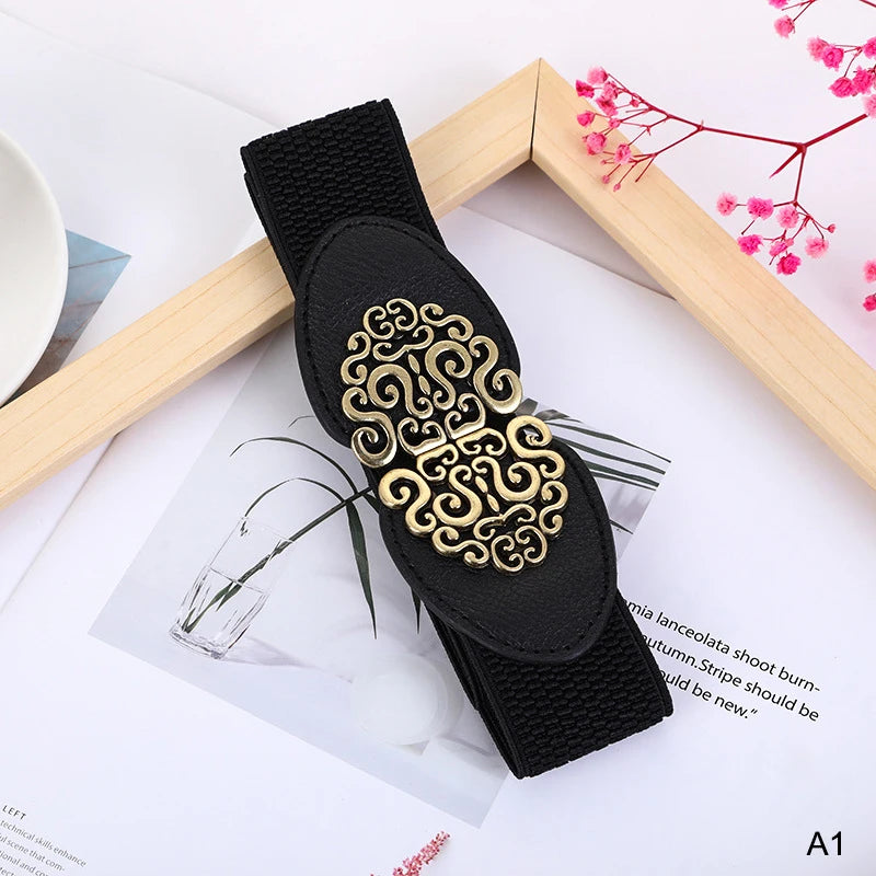 Wide Black Elastic Intricate Buckle Belt A1 Bazaare Mart Wide Black Elastic Intricate Buckle Belt