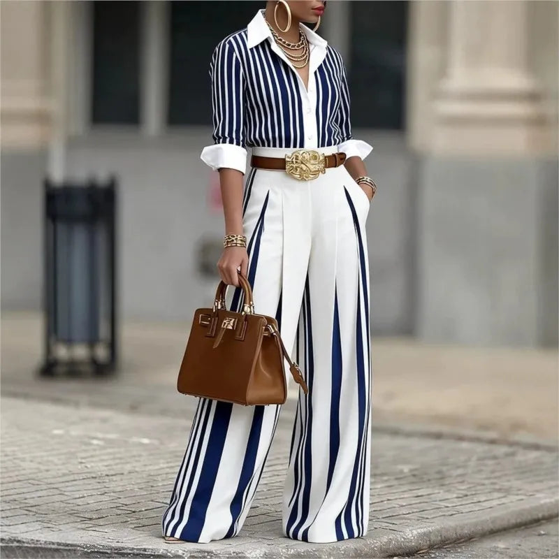 Striped Two-Piece Set – Button-Up Shirt & Wide-Leg Pants