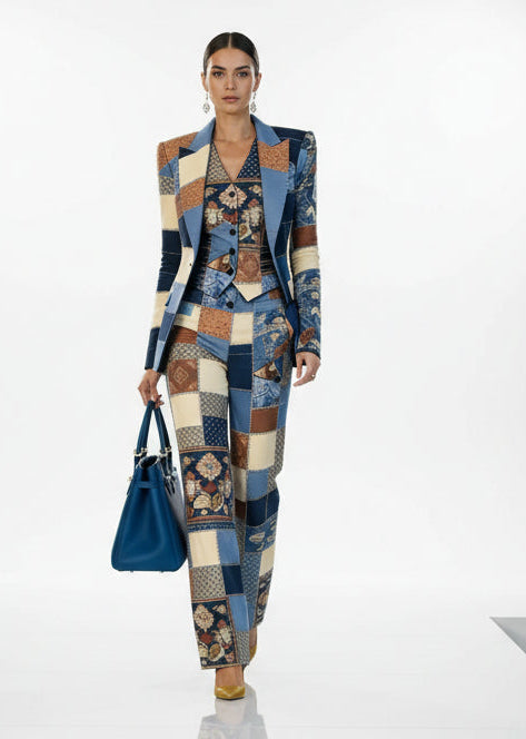 A model walks down a city street wearing a tailored patchwork suit in shades of blue, beige, and brown, paired with a matching patterned vest and holding a structured blue handbag.