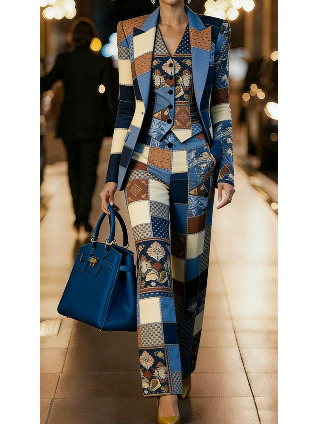 Patchwork Printed Blazer Vest & Wide-Leg Pants 3-Piece Suit
