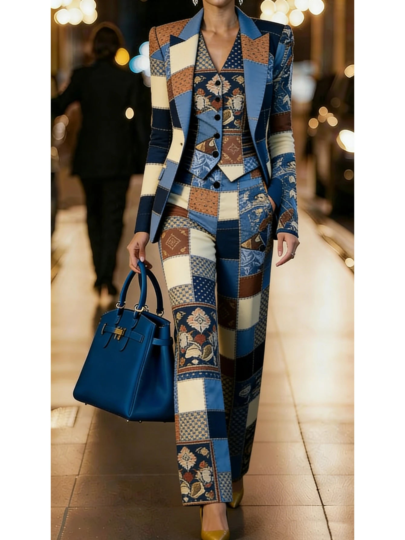 Patchwork Printed Blazer Vest & Wide-Leg Pants 3-Piece Suit