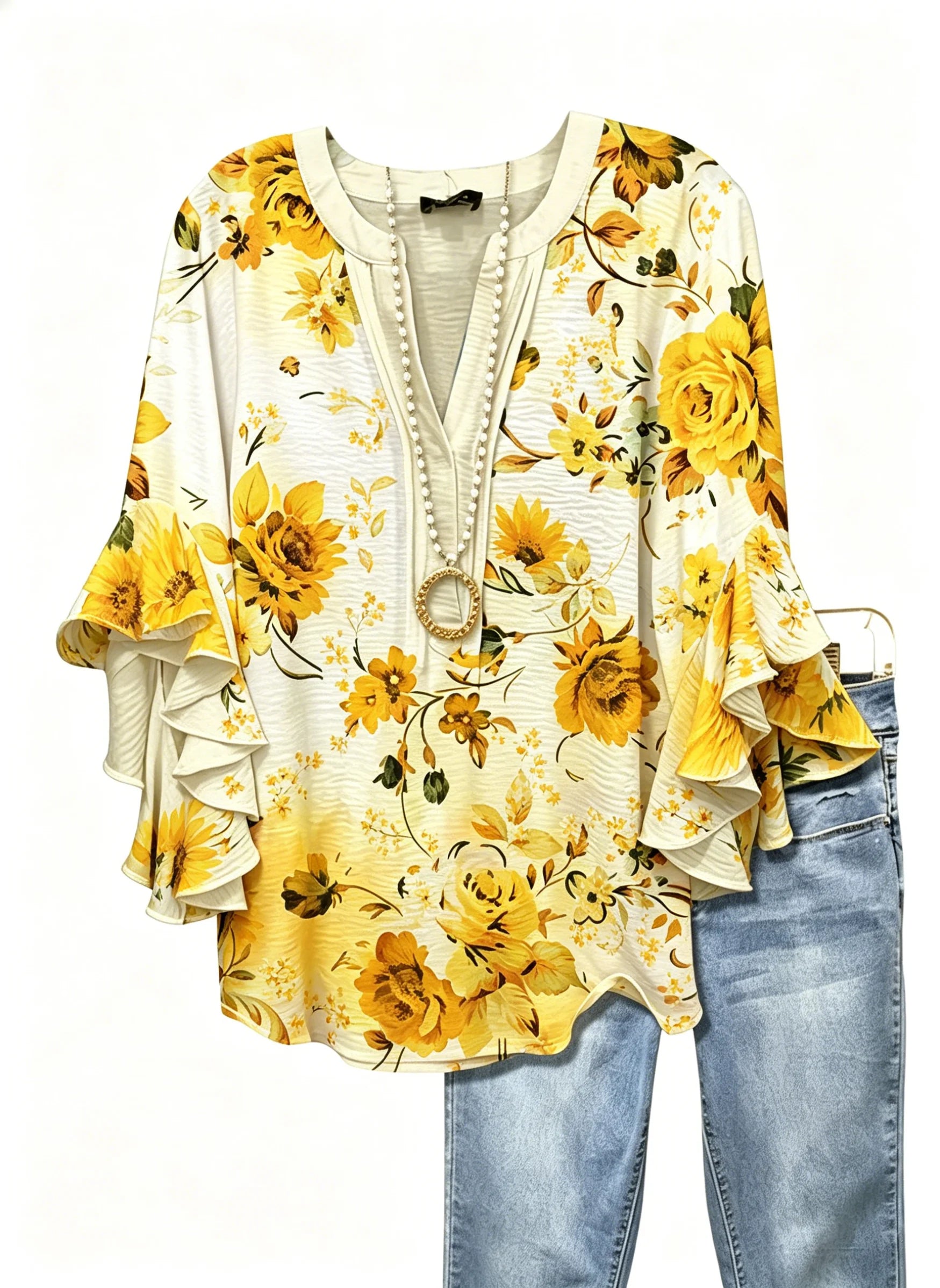Women's Floral Ruffle Sleeve Blouse | Elegant V-Neck 3/4 Sleeve Top Yellow Bazaare Mart Ruffle Sleeve Blouse