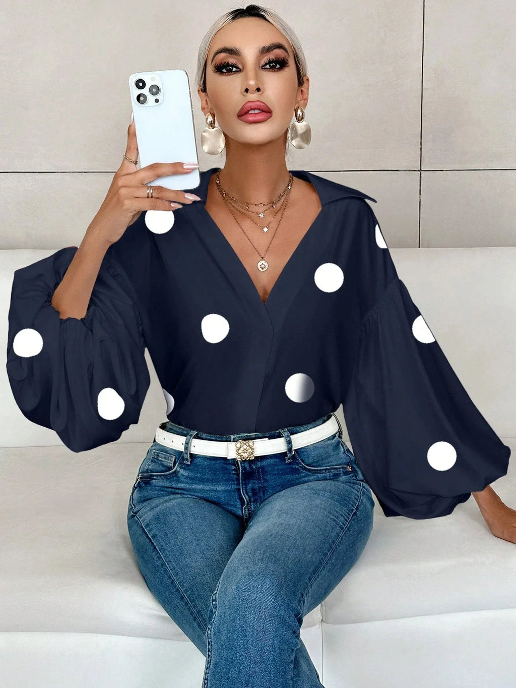 Boho Women's Blouses Spring Fall New Fashion French Polka Dot Half-neck Design Loose Puff Long-sleeve Top Casual Shirts Women Bazaare Mart