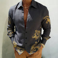 Men's Gold Baroque Print Button-Up Shirt – Long Sleeve Statement Shirt