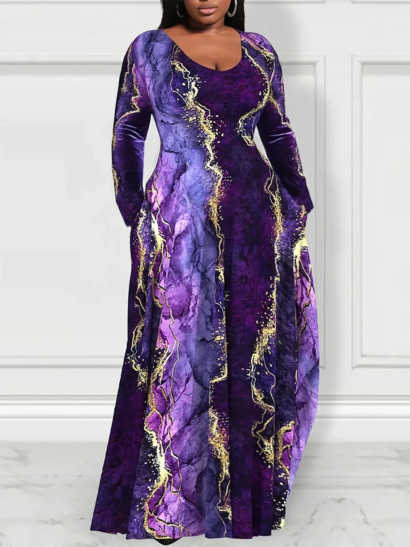 Long Sleeve Purple & Gold Abstract Maxi Dress Purple United States Bazaare Mart Long Sleeve Maxi Dress