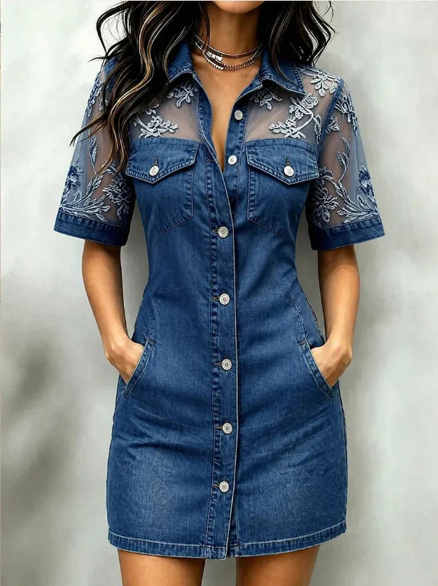Patchwork Lace Denim Mini Dress