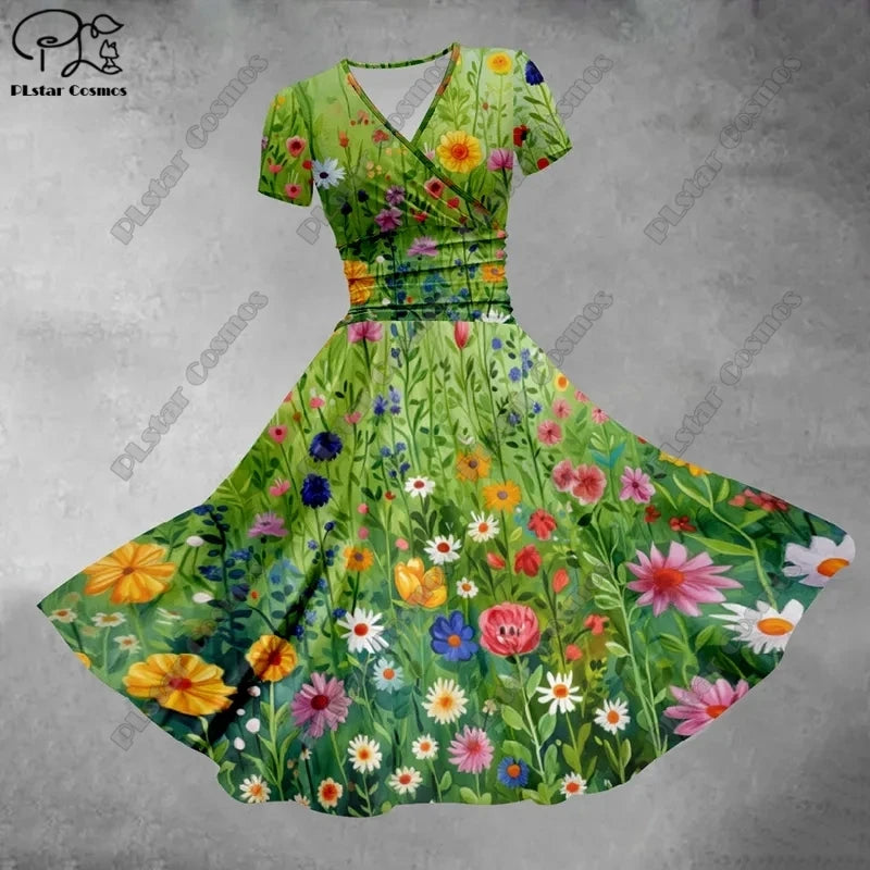 Women's Floral V-Neck Fit & Flare Dress – Short Sleeve A-Line Midi Dress, Sizes S-3X 3 Bazaare Mart Short Sleeve Printed Surplice Dresses