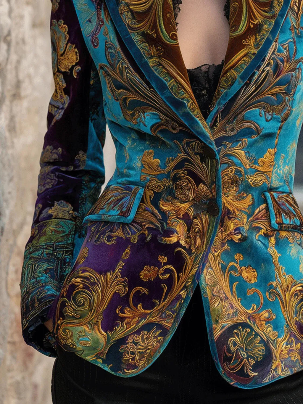 Vintage Peacock Blue & Gold Gilded Baroque Velvet Blazer
