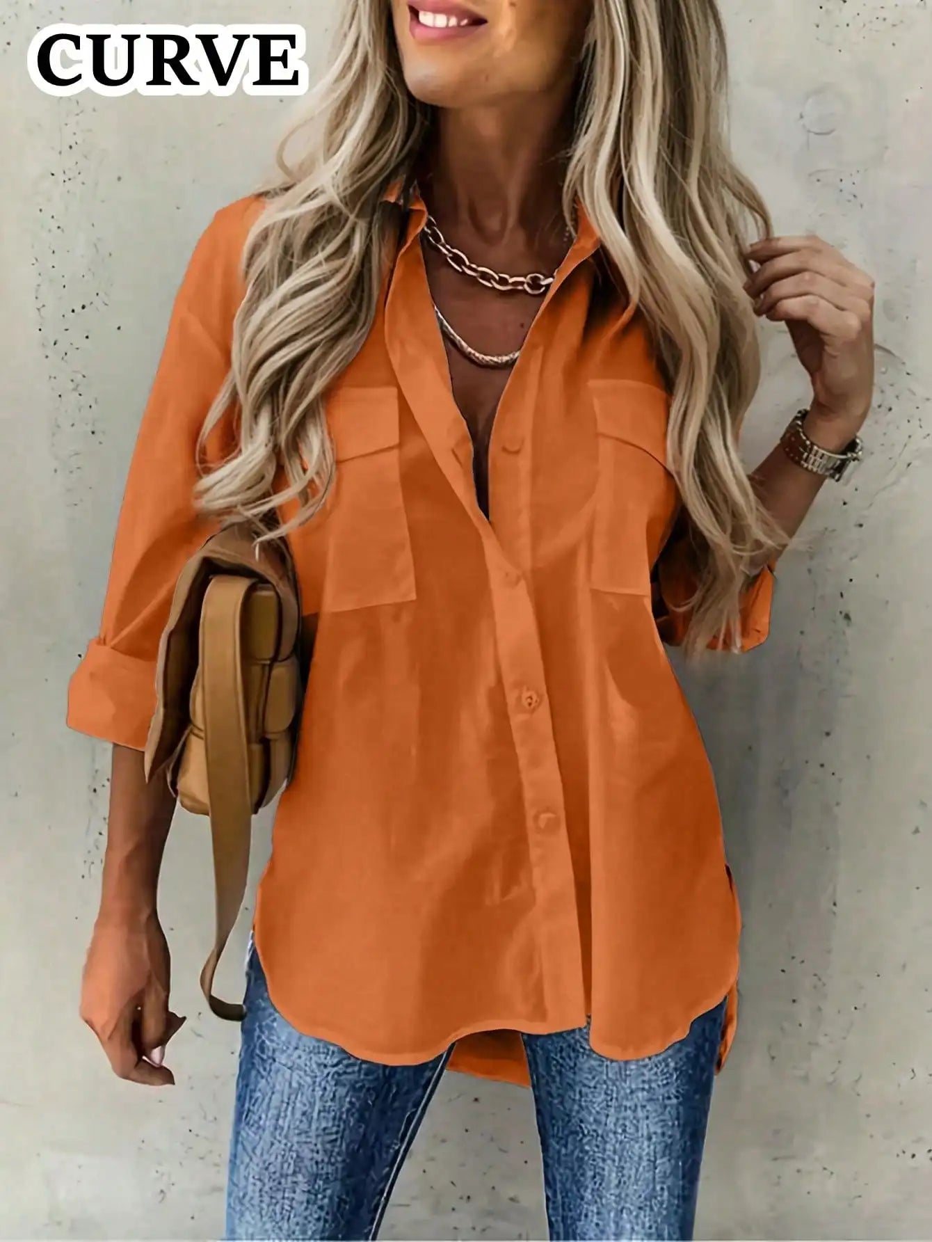 Solid Color Long Rolled Sleeve Button Up Shirt