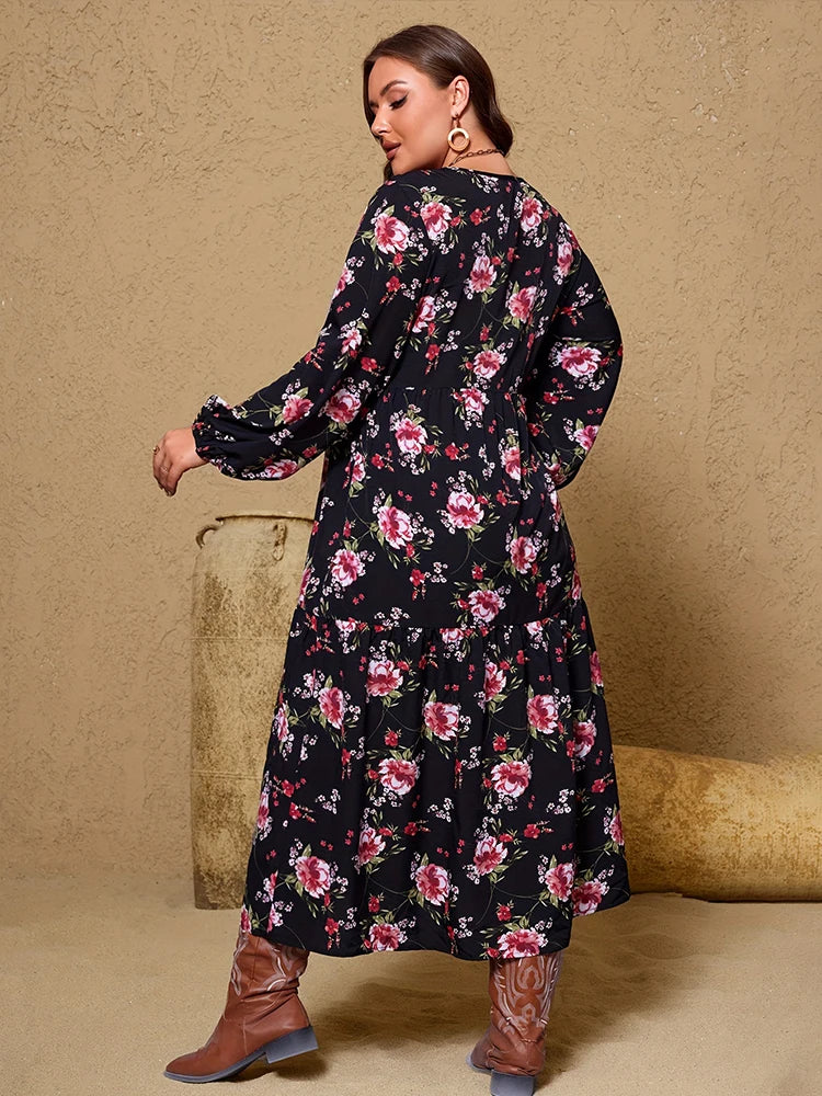 Elegant Black Floral V-Neck Long Sleeve Midi Dress Bazaare Mart Elegant Black Floral V-Neck Long Sleeve Midi Dress