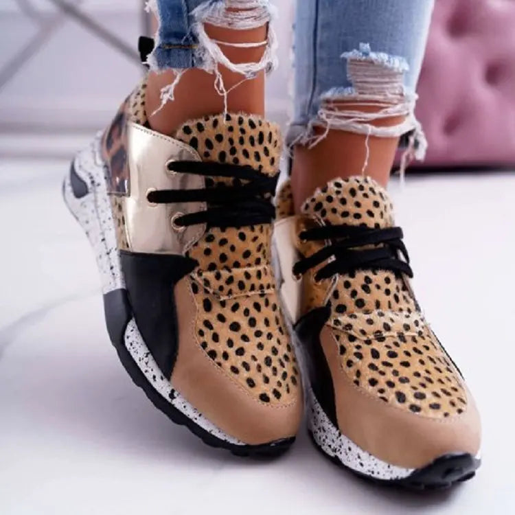 Thick-Soled Leopard Color-Block Sneakers