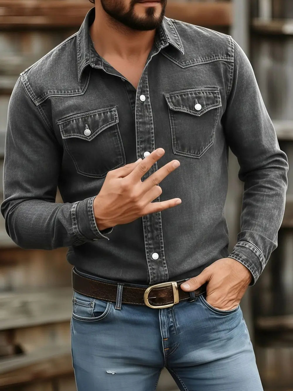 Men's Vintage Washed Denim Button Up Shirt