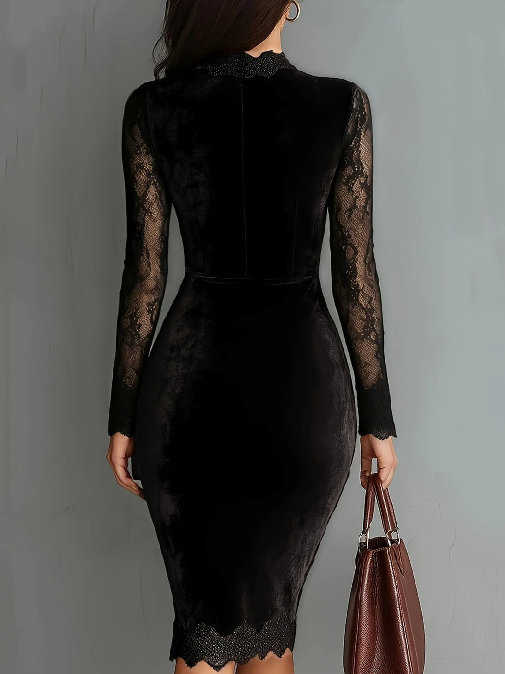 Velvet-Look Bodycon Midi Dress with Sheer Lace Sleeves – Elegant Slim-Fit Evening Dress