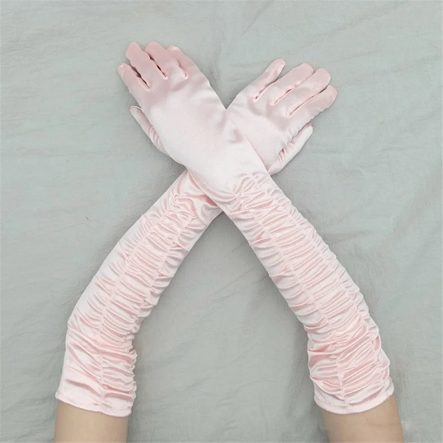 Satin Pleated Opera Gloves pink Bazaare Mart Satin Opera Gloves