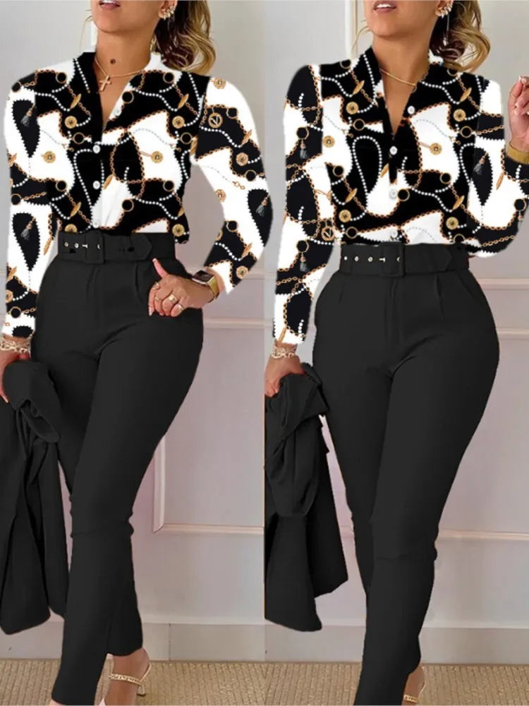 Print Long Sleeve Shirt Matching Pants Sets With Belt