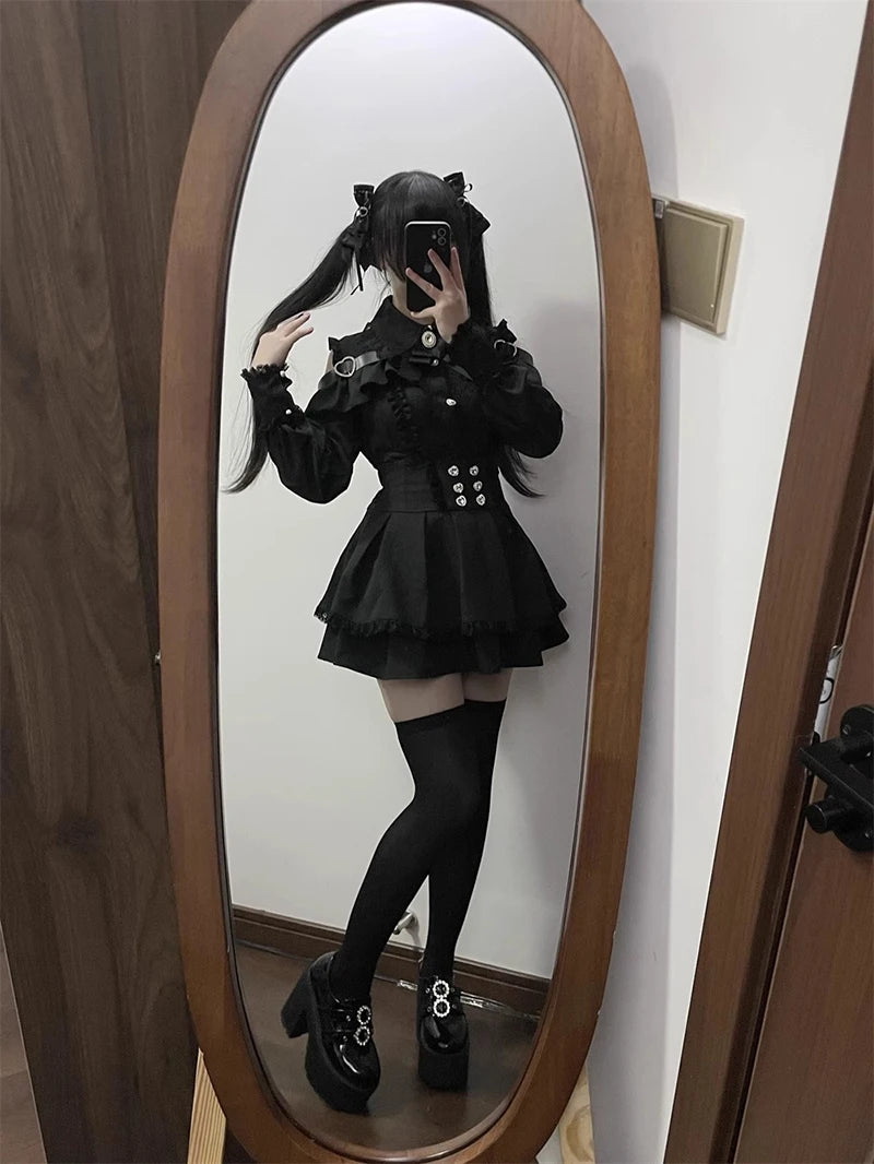 Jirai kei Shirt JK Skirt Japanese Style Lolita Y2K Sweet School Uniform Blouse Top Dress Darkness Outfit Women Girls Theme Party Bazaare Mart